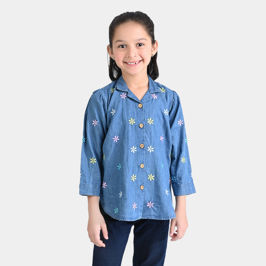 Girls Light Denim Top Floral Shirt-Mid Blue