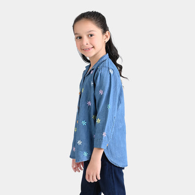 Girls Light Denim Top Floral Shirt-Mid Blue