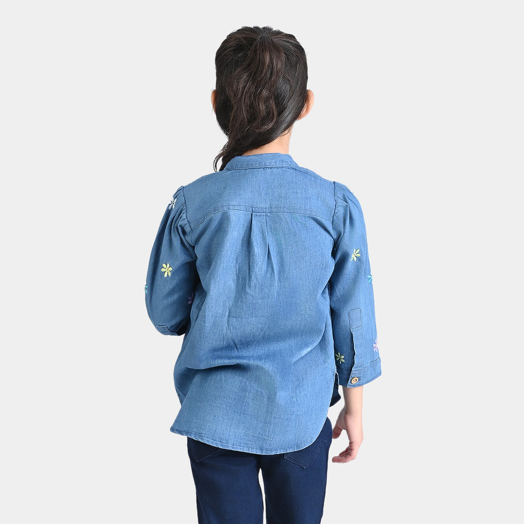 Girls Light Denim Top Floral Shirt-Mid Blue