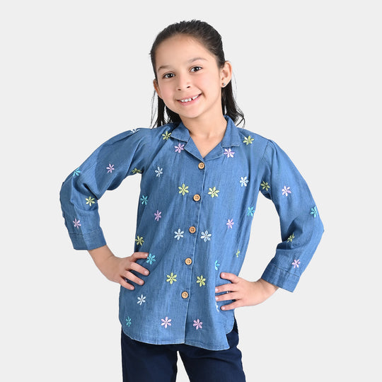 Girls Light Denim Top Floral Shirt-Mid Blue