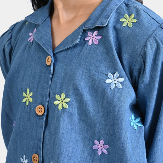 Girls Light Denim Top Floral Shirt-Mid Blue