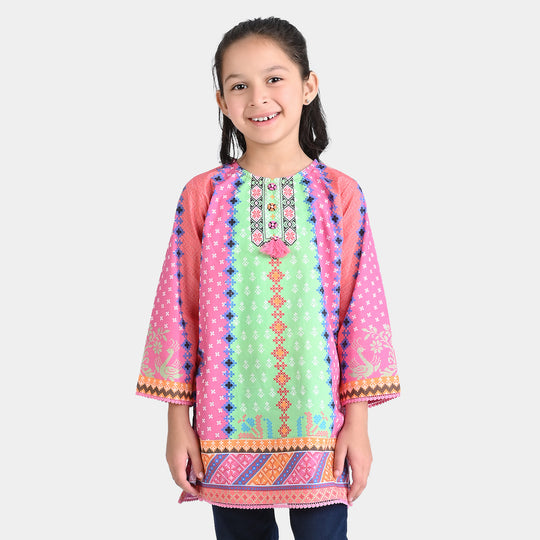 Girls Cotton Poplin Printed Kurti Cross Stitch Floral-Multi