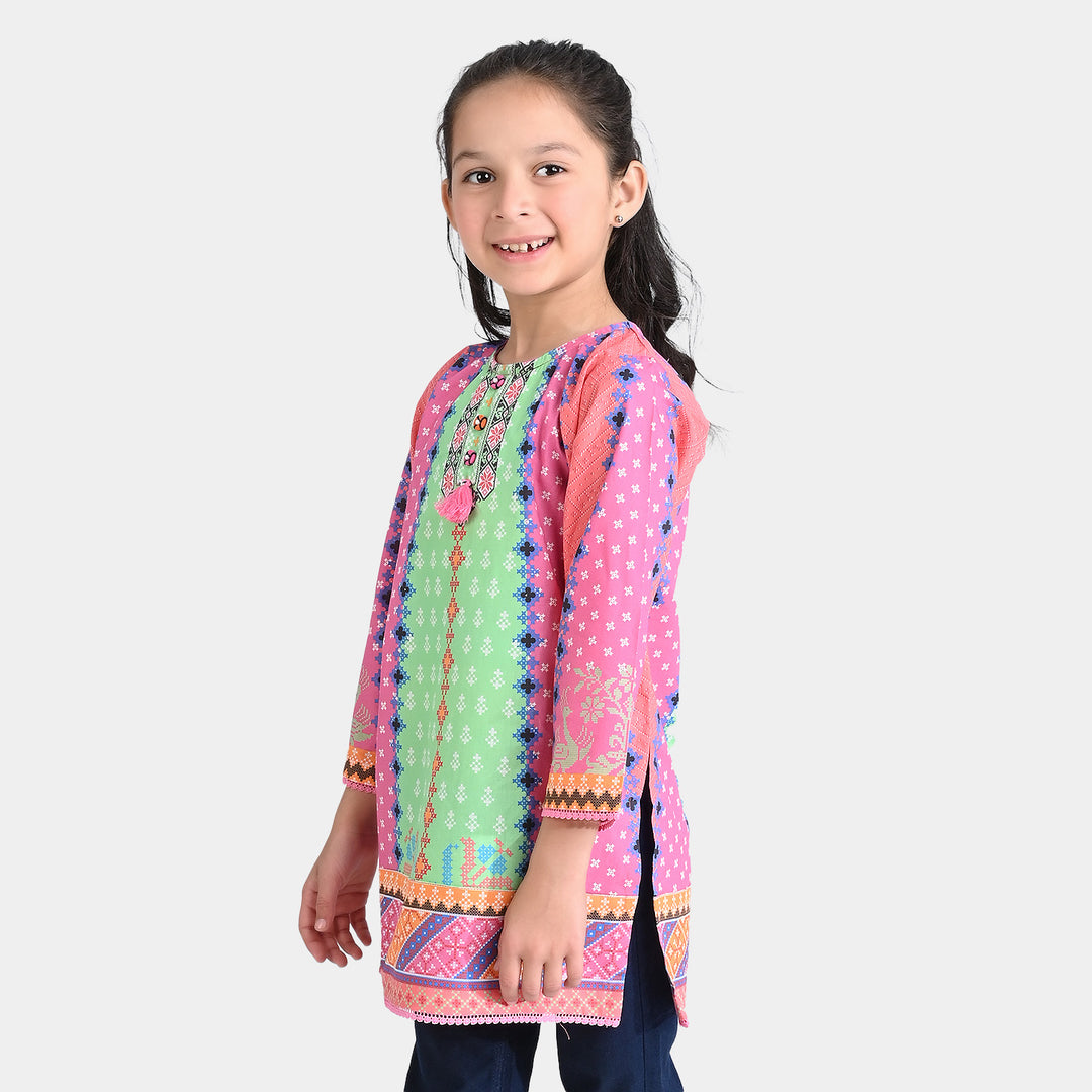 Girls Cotton Poplin Printed Kurti Cross Stitch Floral-Multi