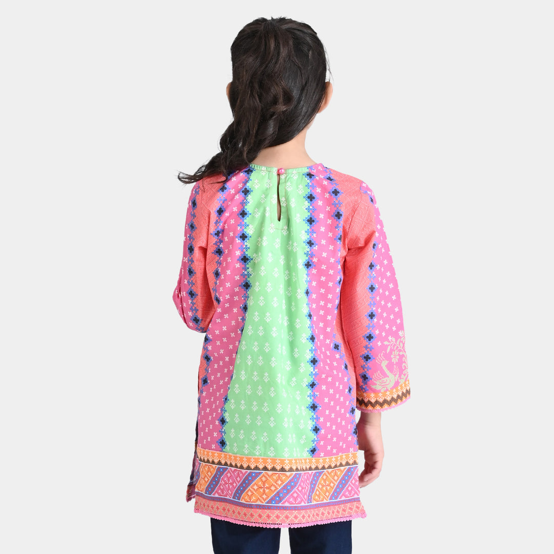 Girls Cotton Poplin Printed Kurti Cross Stitch Floral-Multi