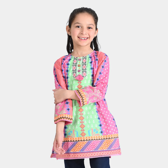 Girls Cotton Poplin Printed Kurti Cross Stitch Floral-Multi