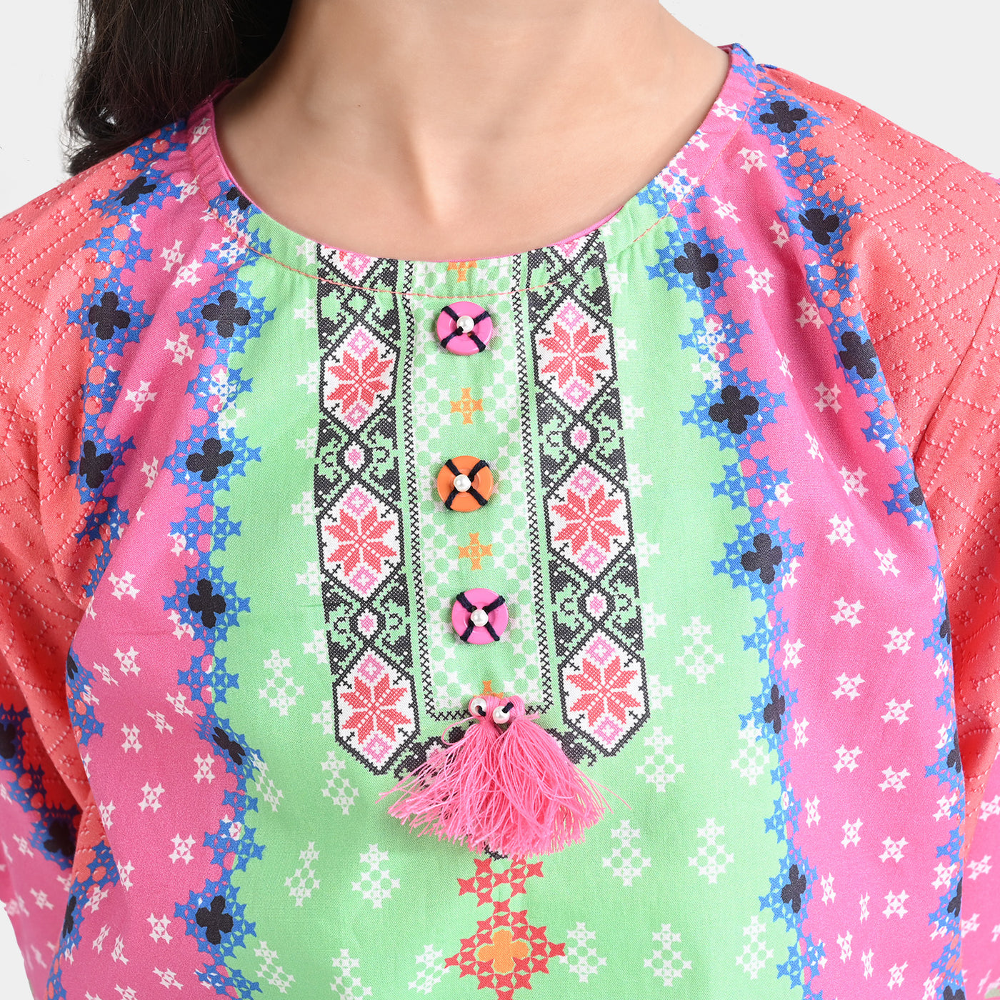 Girls Cotton Poplin Printed Kurti Cross Stitch Floral-Multi
