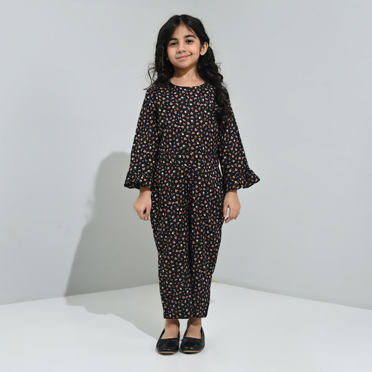 Girls Cotton Poplin Jumpsuit Rust Flowers-BLACK