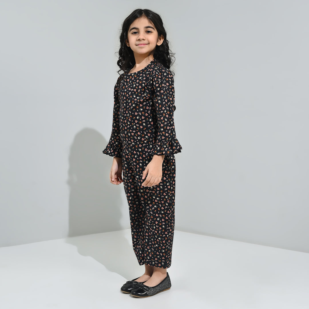 Girls Cotton Poplin Jumpsuit Rust Flowers-BLACK