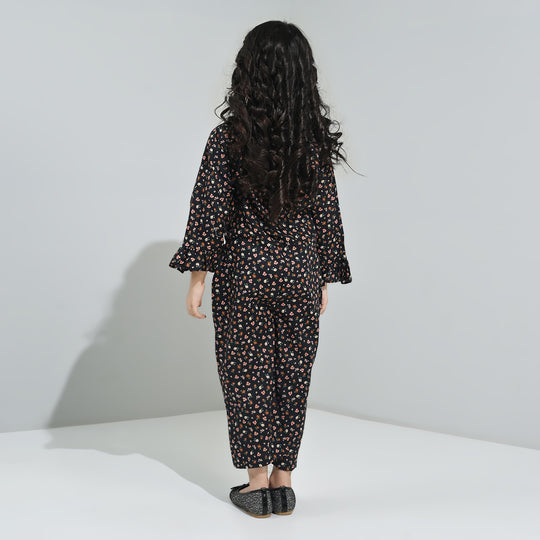 Girls Cotton Poplin Jumpsuit Rust Flowers-BLACK