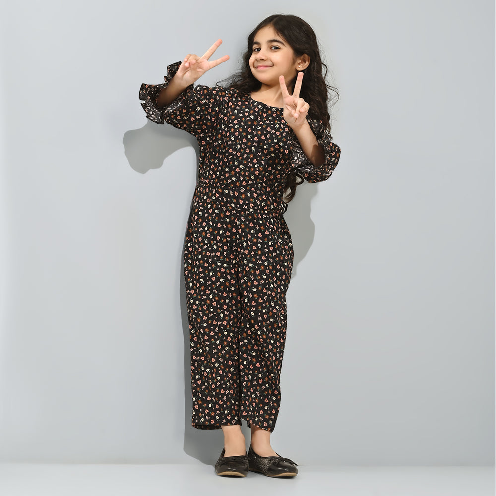 Girls Cotton Poplin Jumpsuit Rust Flowers-BLACK
