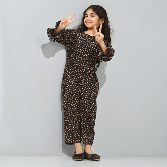 Girls Cotton Poplin Jumpsuit Rust Flowers-BLACK