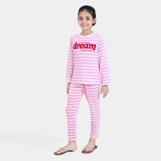 Girls Poly Cotton Jersey Knitted Night Suit-Candy Pink