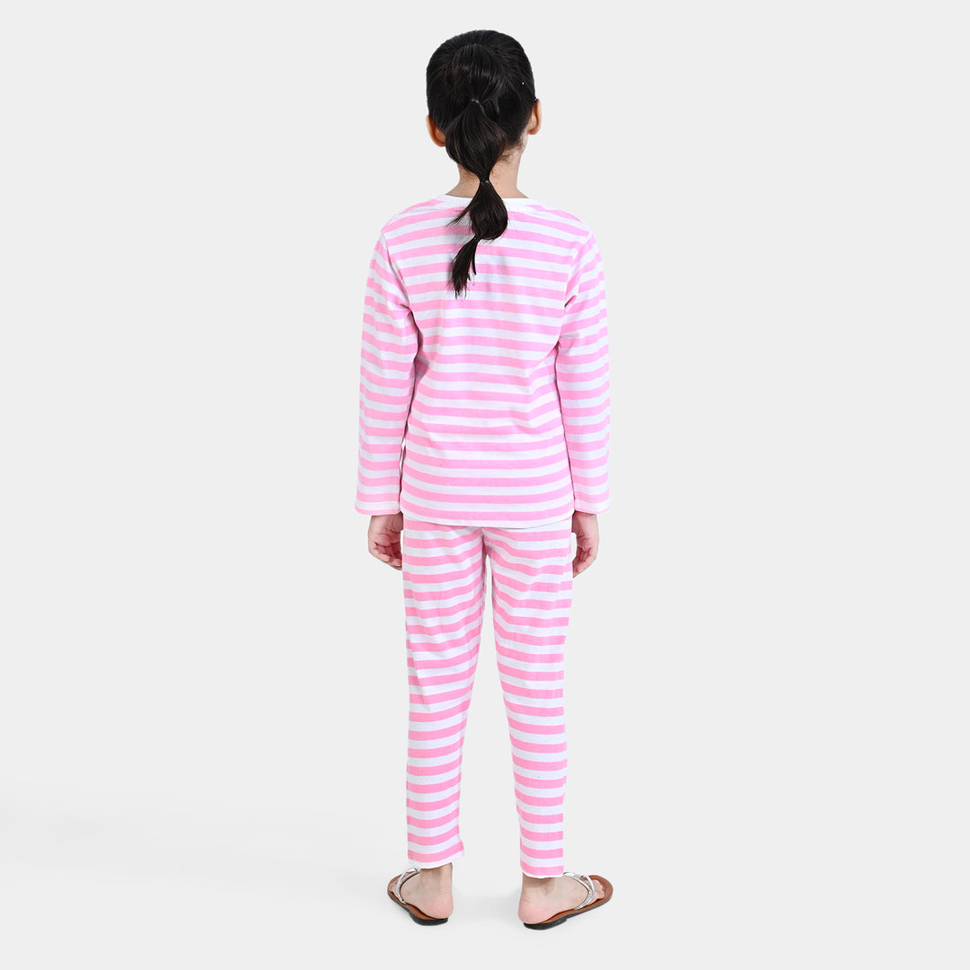 Girls Poly Cotton Jersey Knitted Night Suit-Candy Pink