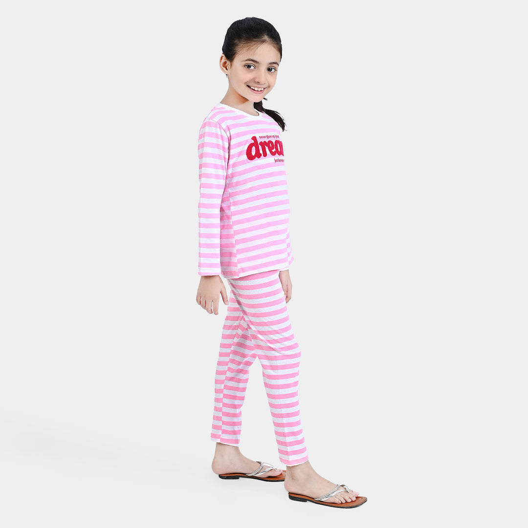 Girls Poly Cotton Jersey Knitted Night Suit-Candy Pink