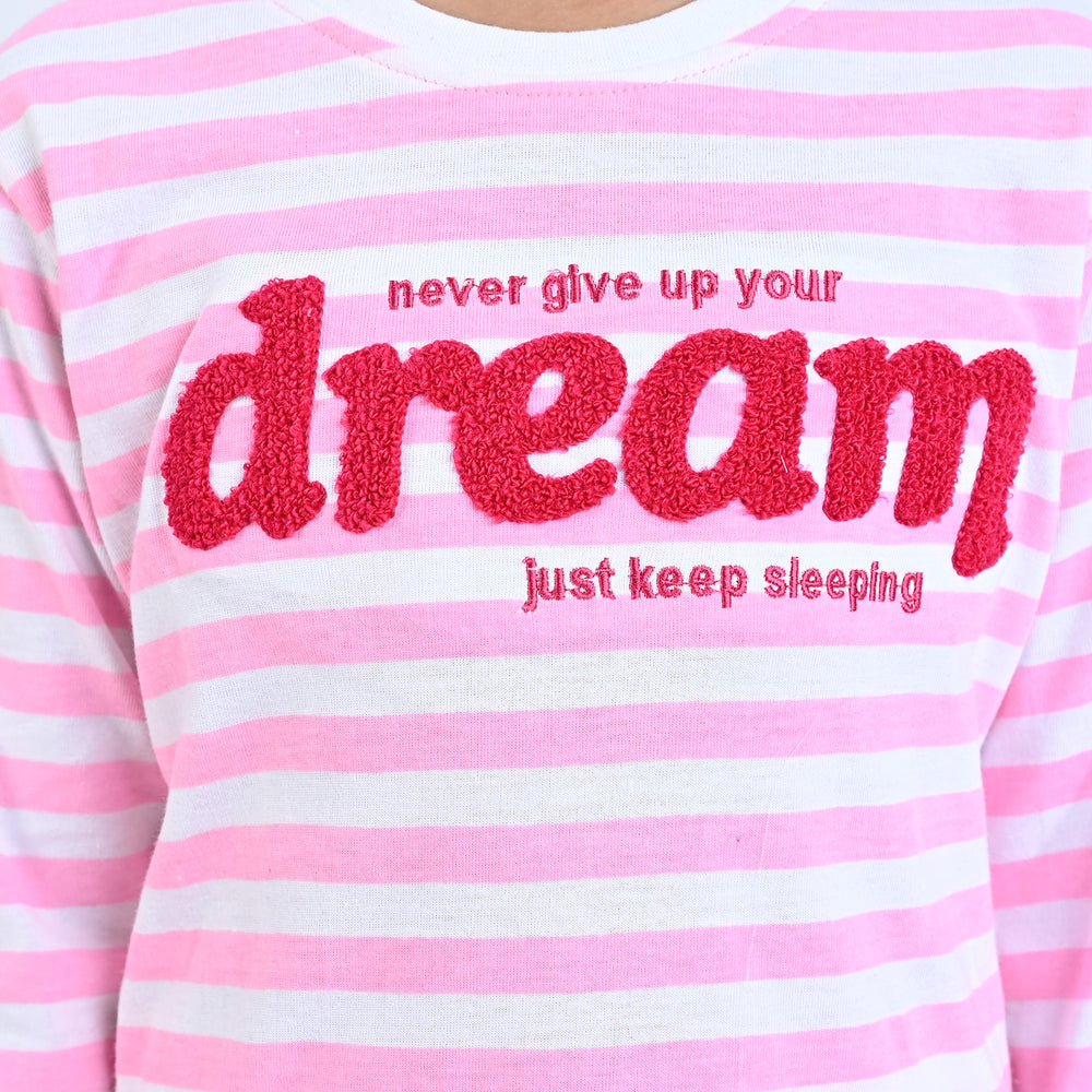 Girls Poly Cotton Jersey Knitted Night Suit-Candy Pink