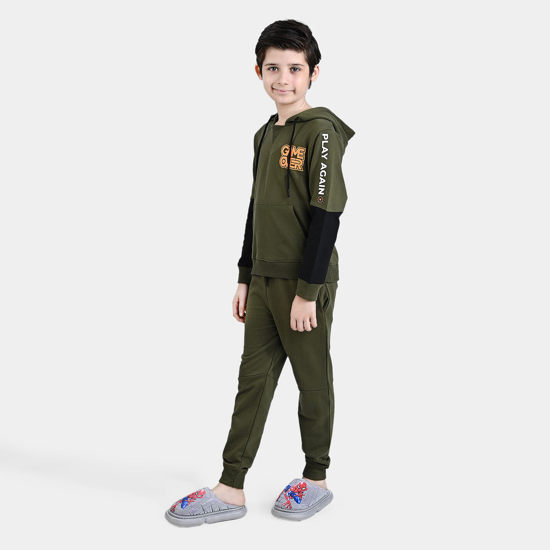 Boys Cotton Terry 2 Piece Suit Game Over - Rifle Green