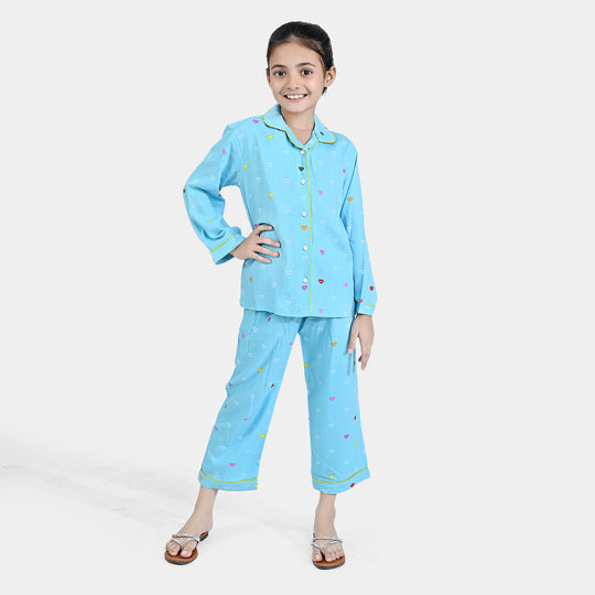 Girls Viscose Nightwear Multi Heart - LT Blue