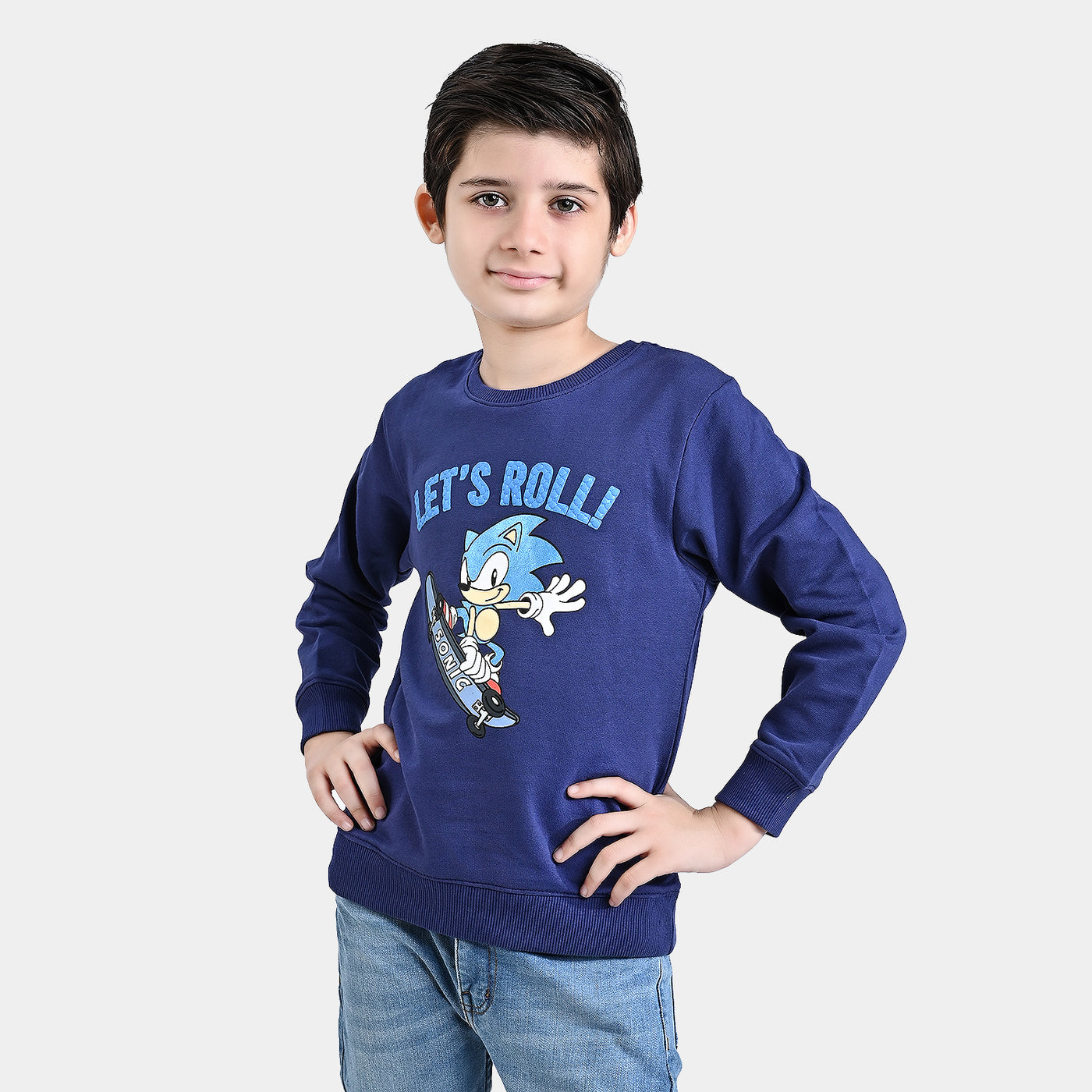 Boys Cotton Terry Sweatshirt Let's Roll-Navy Blue