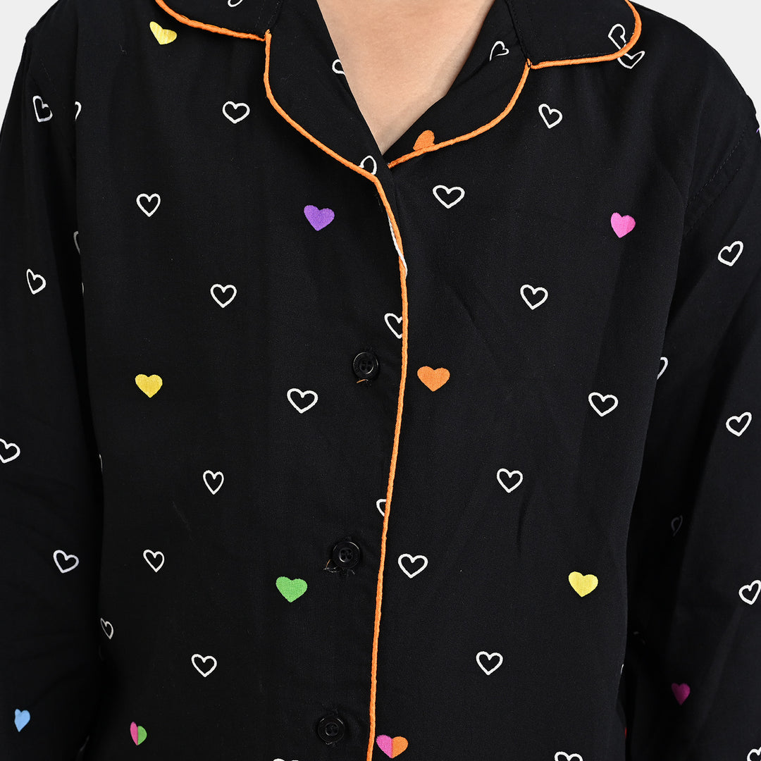 Girls Viscose Nightwear Multi Heart -BLACK