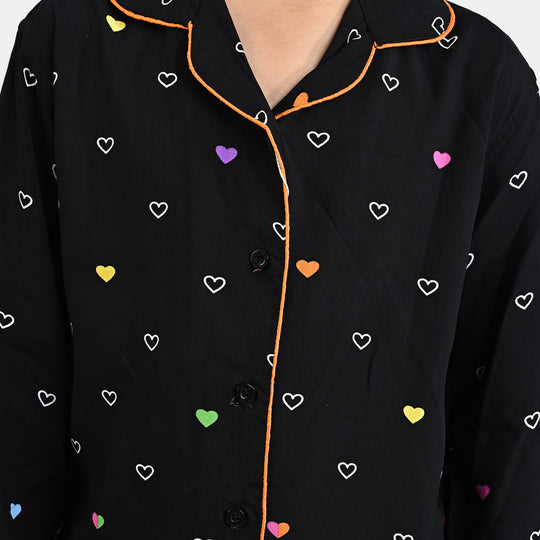 Girls Viscose Nightwear Multi Heart -BLACK