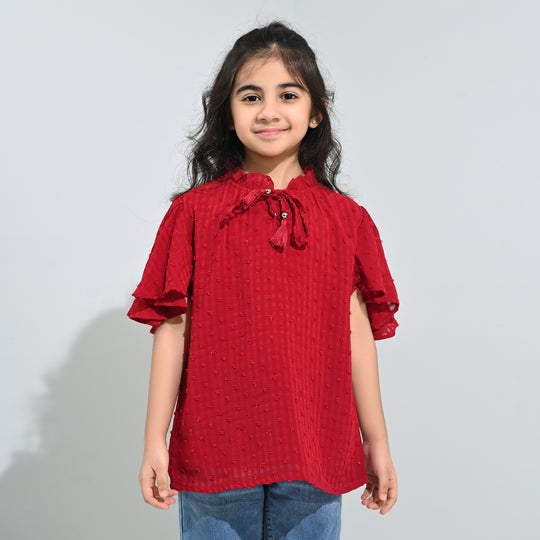 Girls Casual Top Flared Sleeves-MAROON Chiffon