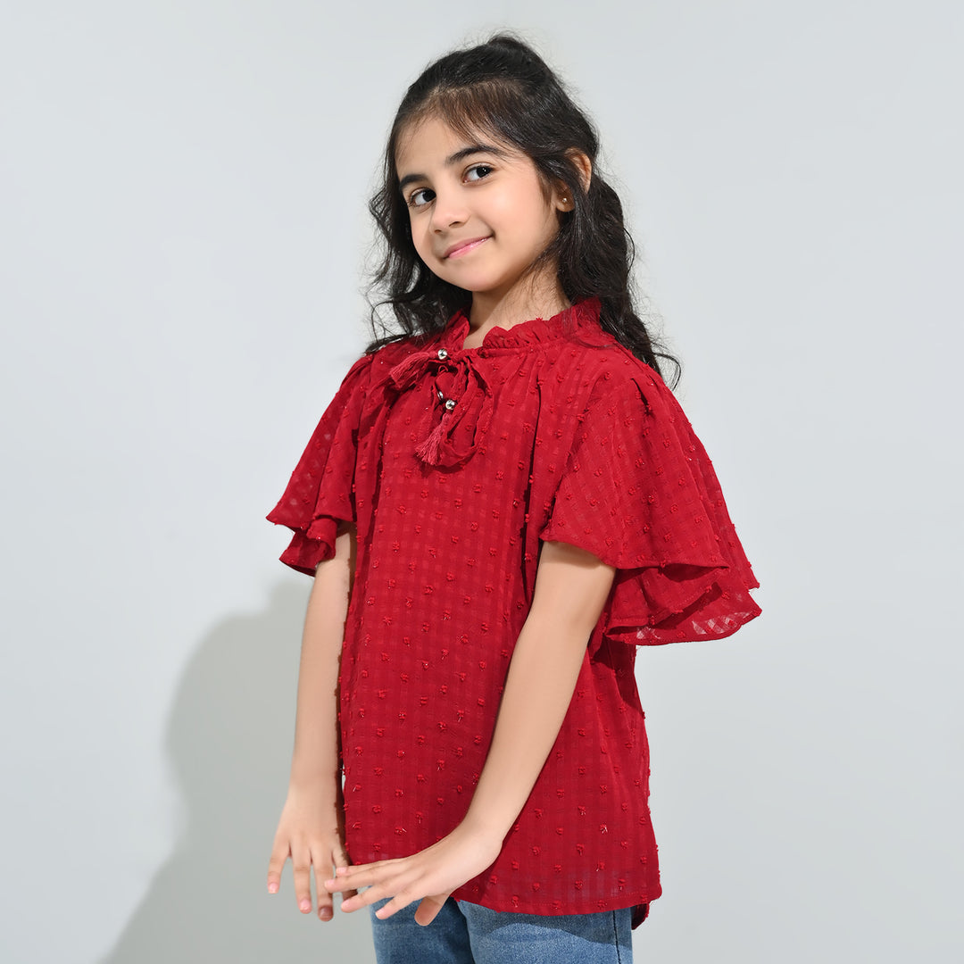 Girls Casual Top Flared Sleeves-MAROON Chiffon