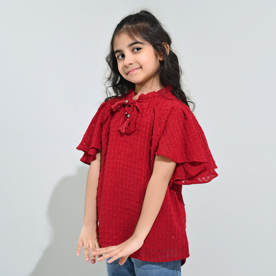 Girls Casual Top Flared Sleeves-MAROON Chiffon