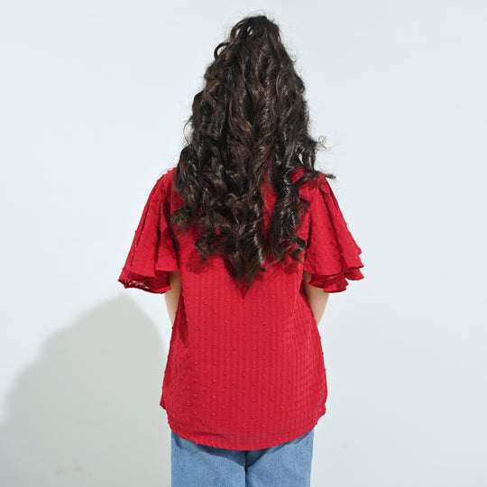 Girls Casual Top Flared Sleeves-MAROON Chiffon