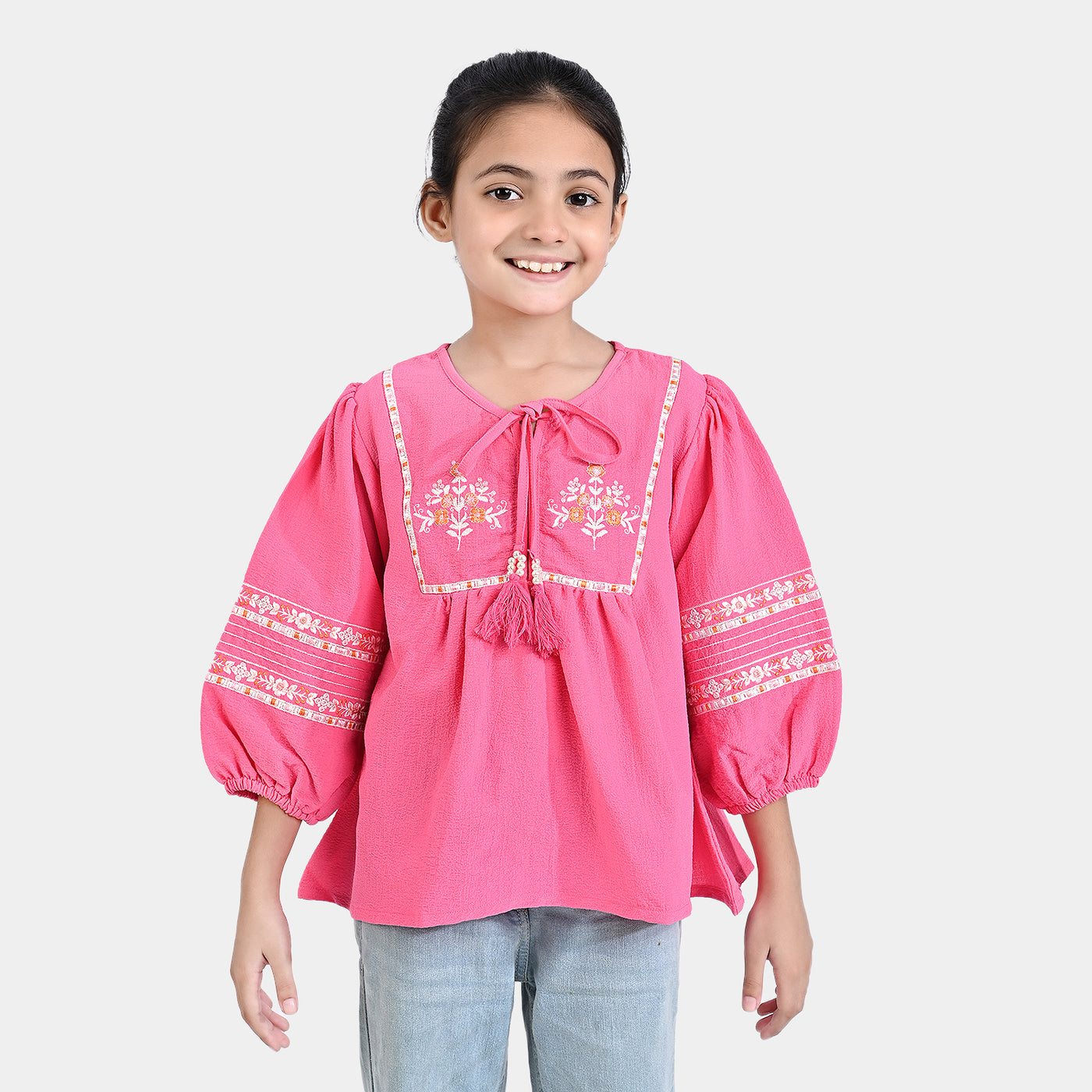 Girls Poly Cotton Emb Top Pink House-Pink