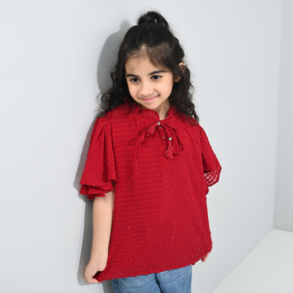 Girls Casual Top Flared Sleeves-MAROON Chiffon
