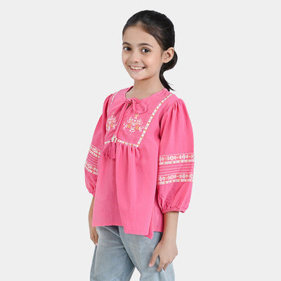 Girls Poly Cotton Emb Top Pink House-Pink