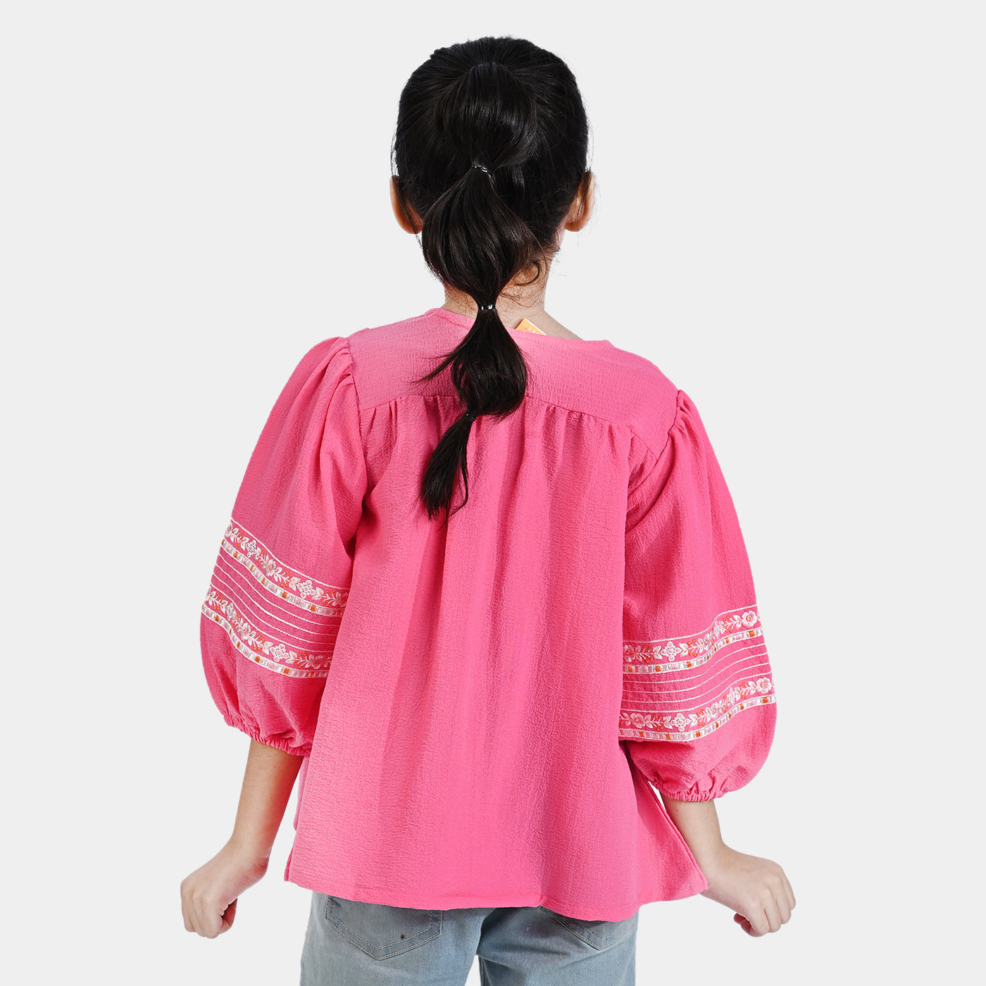 Girls Poly Cotton Emb Top Pink House-Pink