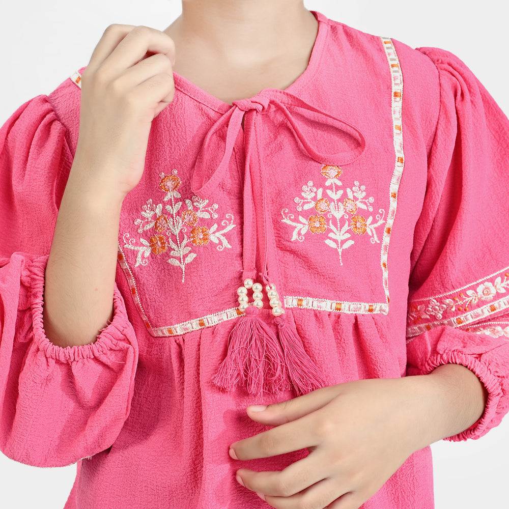 Girls Poly Cotton Emb Top Pink House-Pink