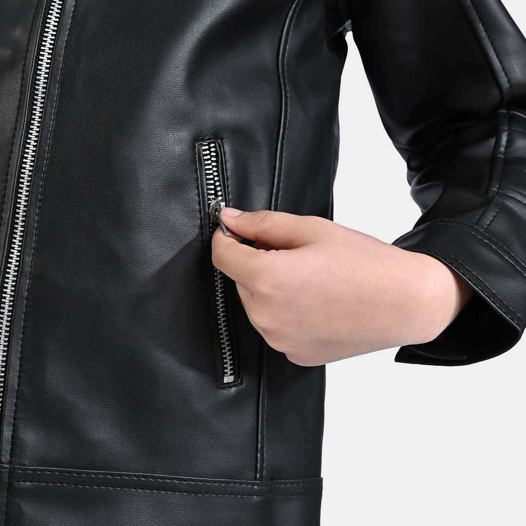 Boys Genuine PU Leather Jacket Biker-BLACK