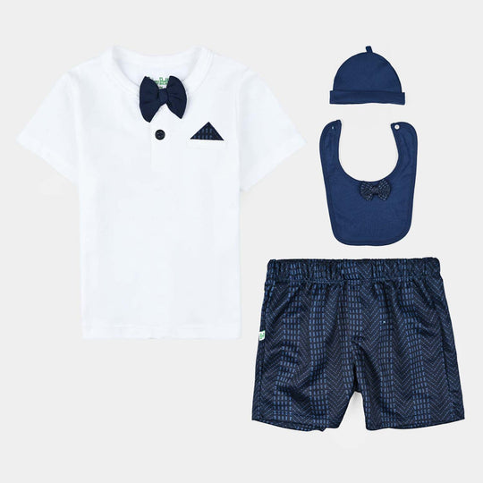 Infant Boys Cotton Interlock 4Pc Set-Navy/White