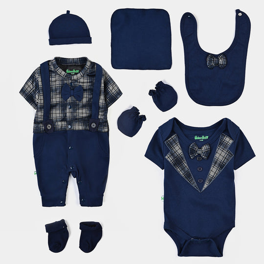 Infant Boys Cotton Interlock 7Pc Set-Navy/Grey Check