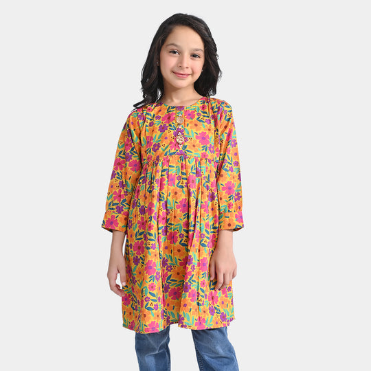 Girls Cotton Poplin Casual Frock-Mustard