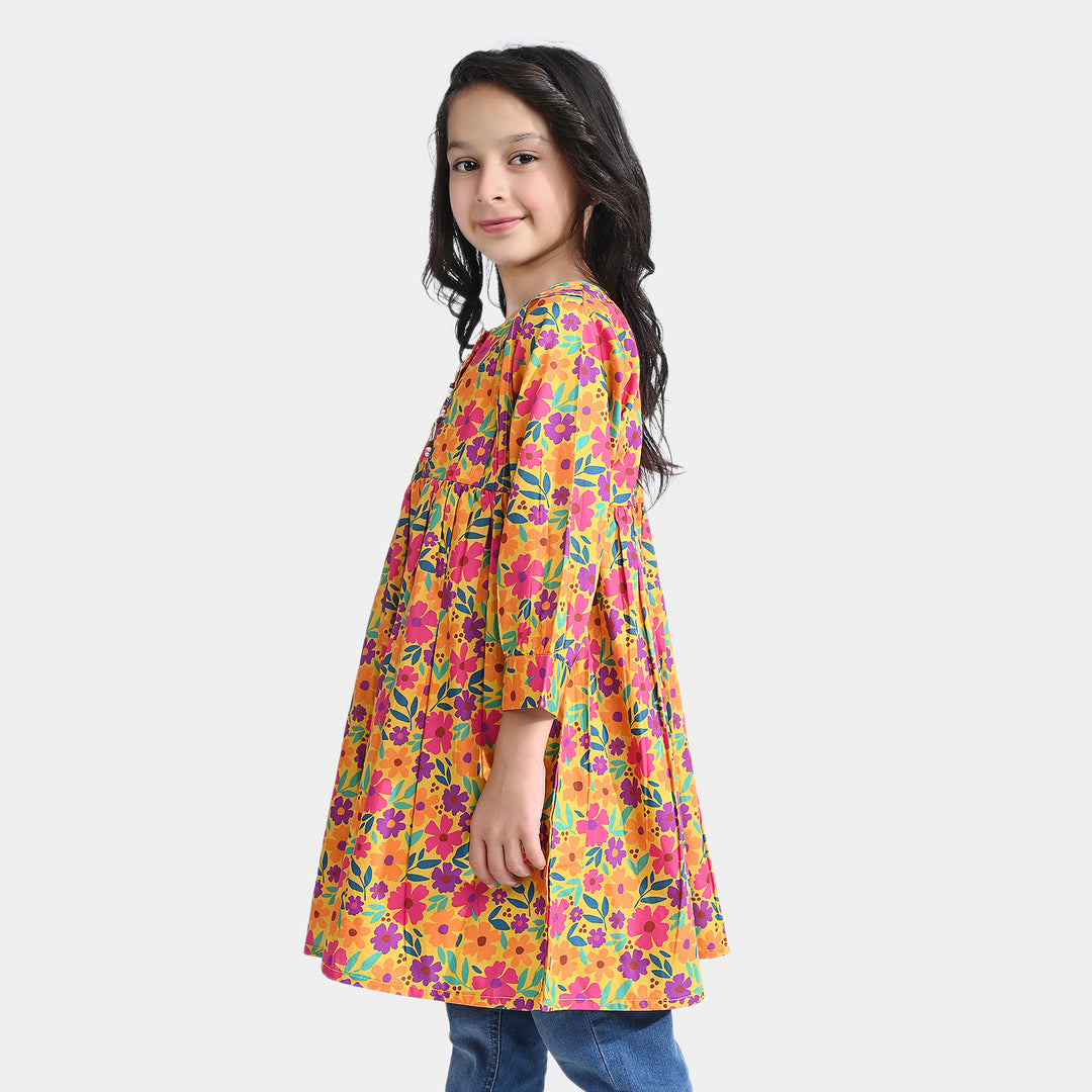 Girls Cotton Poplin Casual Frock-Mustard