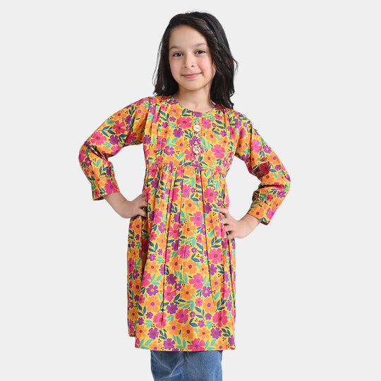 Girls Cotton Poplin Casual Frock-Mustard