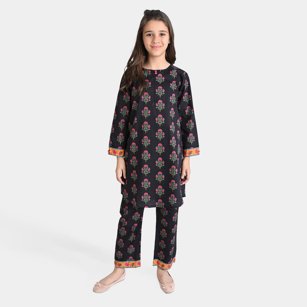 Girls Cotton Poplin Printed 2PCs Suit Boti-BLACK