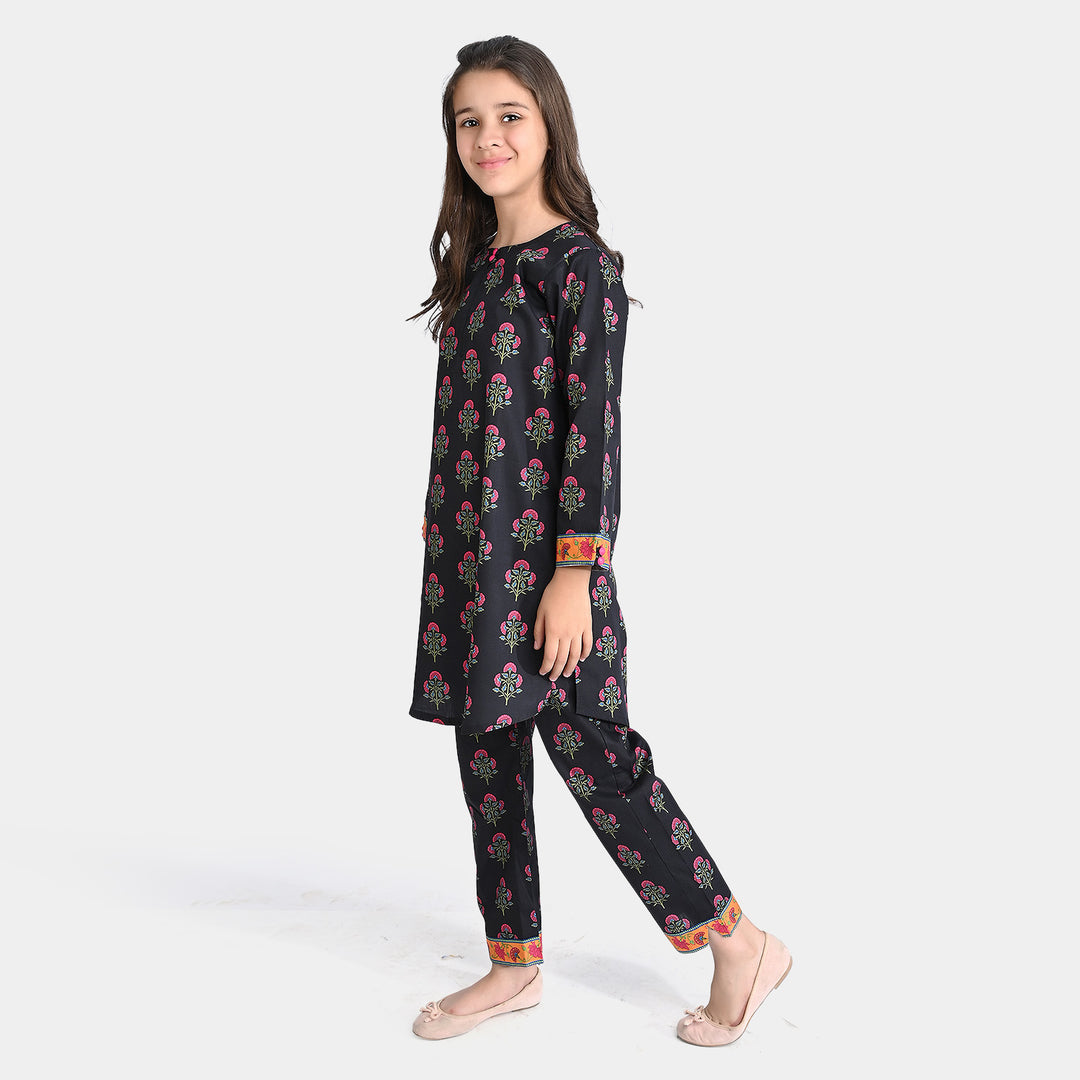 Girls Cotton Poplin Printed 2PCs Suit Boti-BLACK