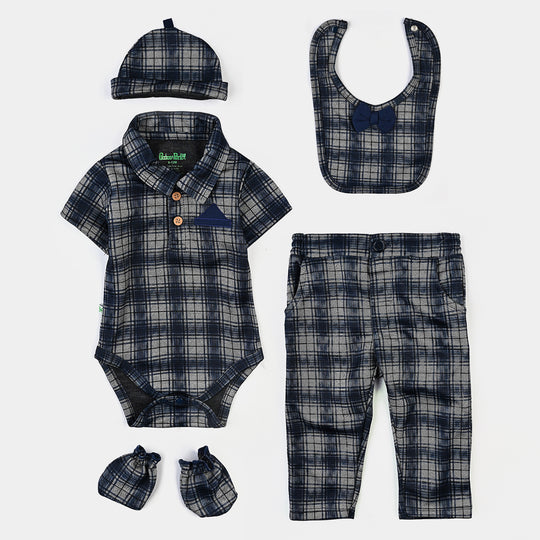 Infant Boys Cotton Interlock 5Pc Set-Navy/Grey Check