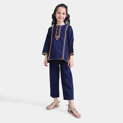 Girls Jacquard EMB 2PC Suit Sakoon-Navy Blue