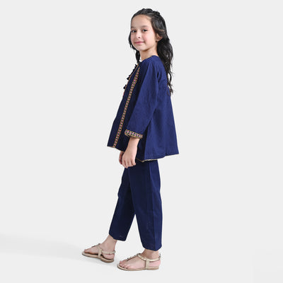 Girls Jacquard EMB 2PC Suit Sakoon-Navy Blue