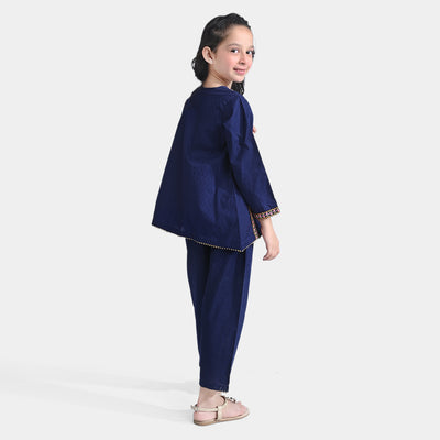 Girls Jacquard EMB 2PC Suit Sakoon-Navy Blue