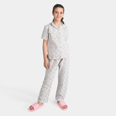 Girls Cotton Woven Night Suit Floral-Light Grey