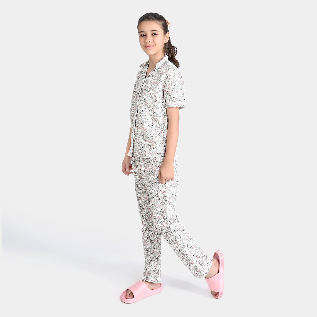 Girls Cotton Woven Night Suit Floral-Light Grey