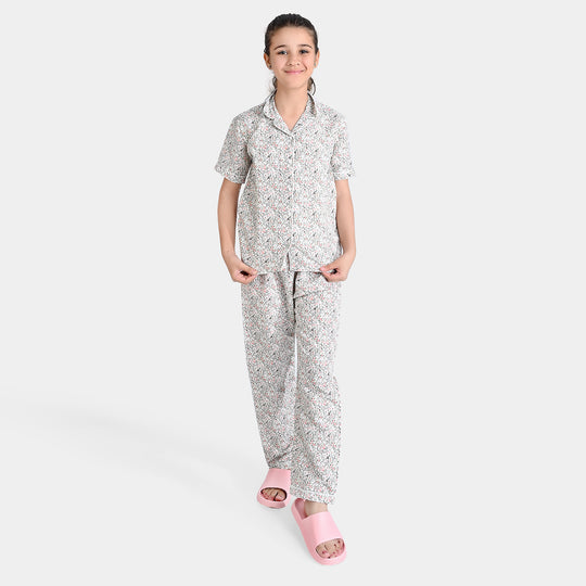 Girls Cotton Woven Night Suit Floral-Light Grey