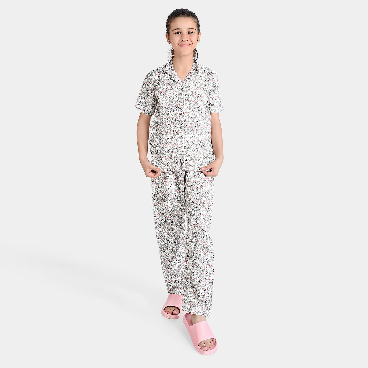 Girls Cotton Woven Night Suit Floral-Light Grey