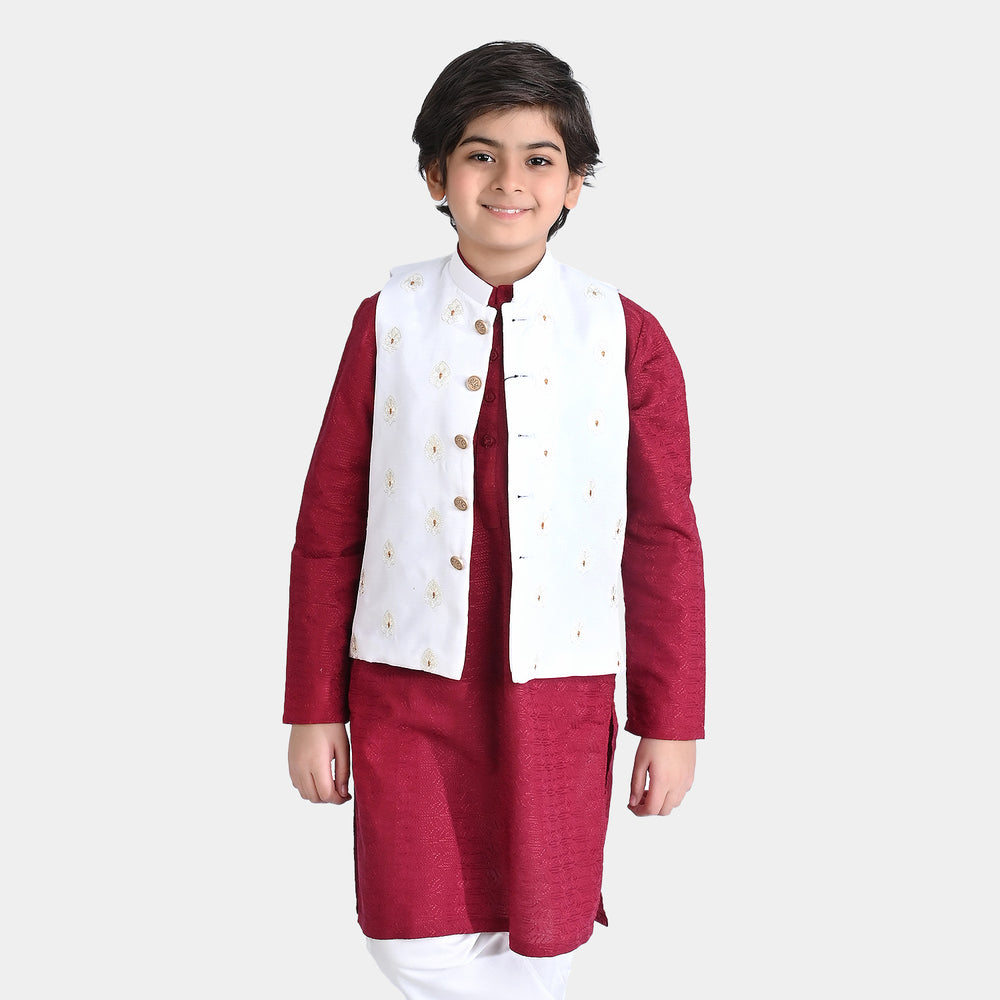 Boys Raw Silk Waistcoat (Royal)-Off White